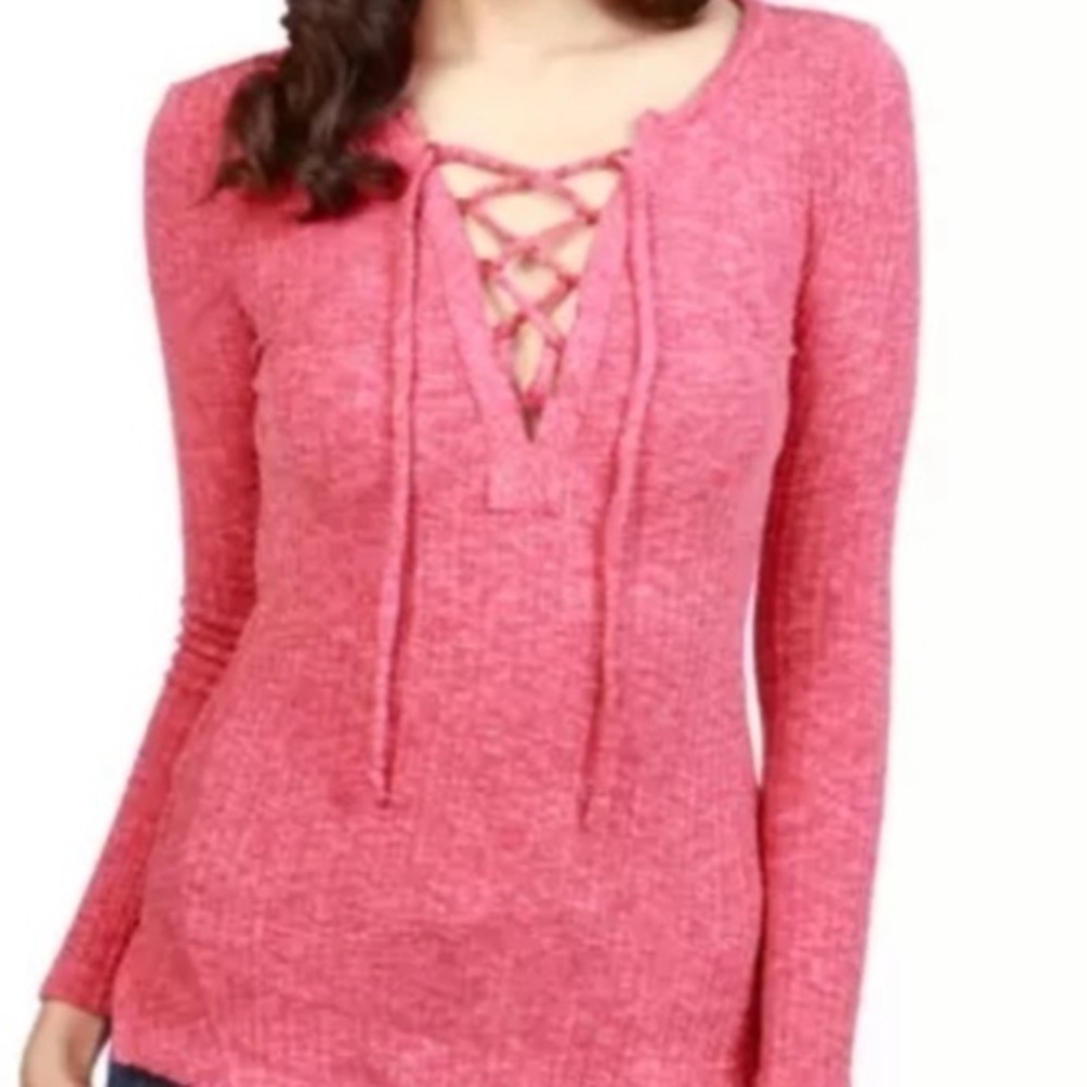 Lucky Brand Pink Ribbed Lace Up Long Sleeve Lace Up Stretchy Knit Top Sm